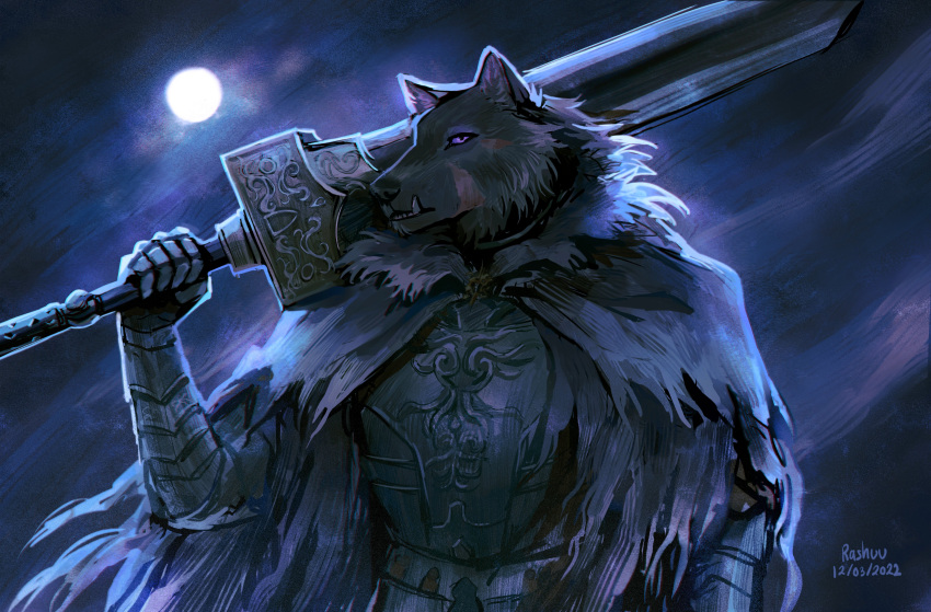 1boy, absurdres, animal_head, armor, blaidd_the_half-wolf, breastplate, cape, dated