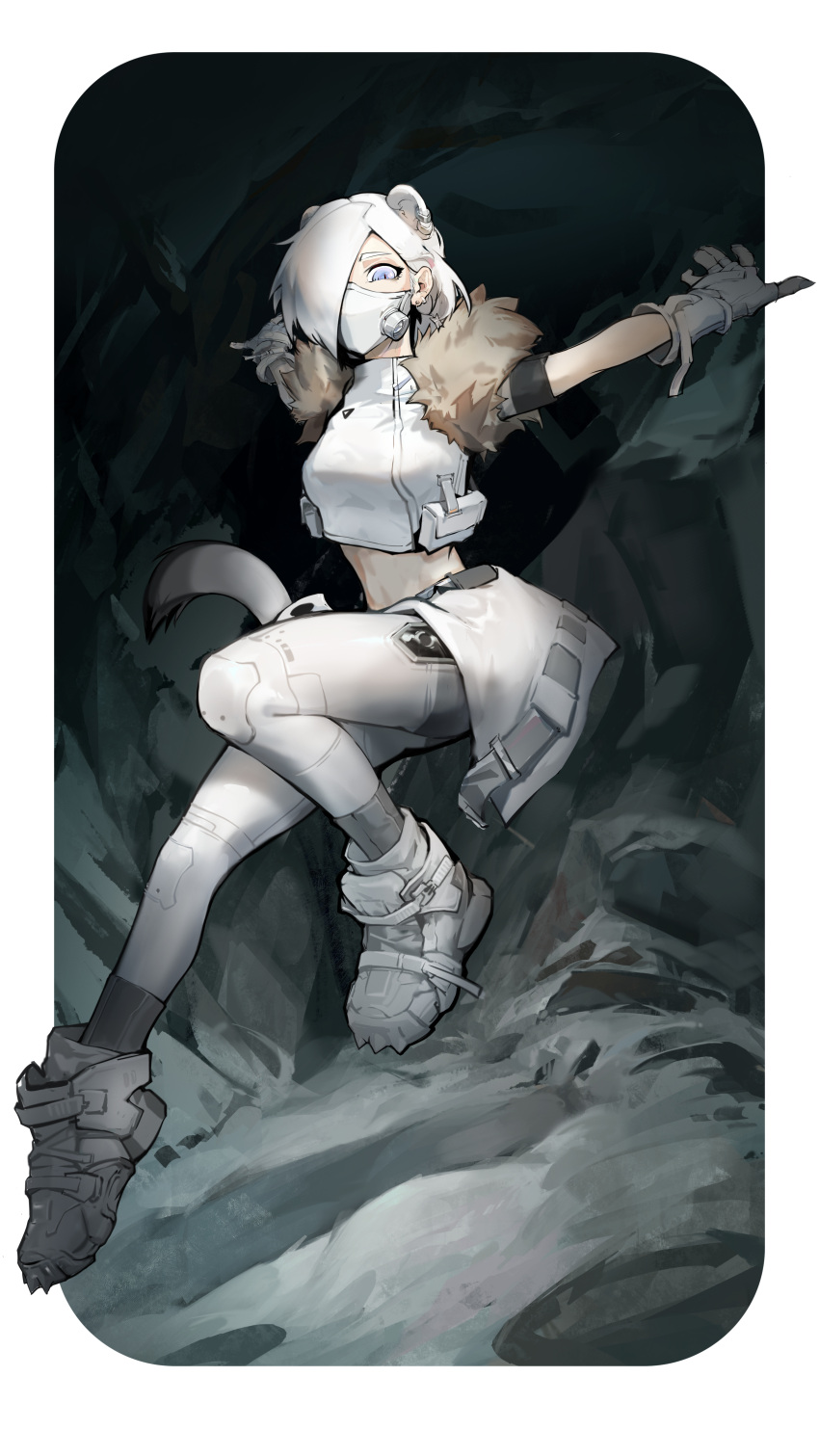 1girl, absurdres, arknights, bangs, boots, breasts, chinese_commentary, crop_top