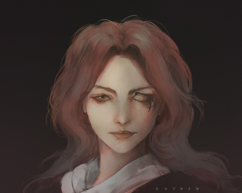 1girl, artist_name, astraw, brown_eyes, brown_hair, closed_mouth, elden_ring, facial_tattoo