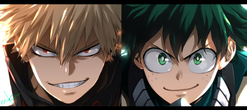 >:), 2boys, bakugou_katsuki, blonde_hair, boku_no_hero_academia, eye_reflection, freckles, glowing
