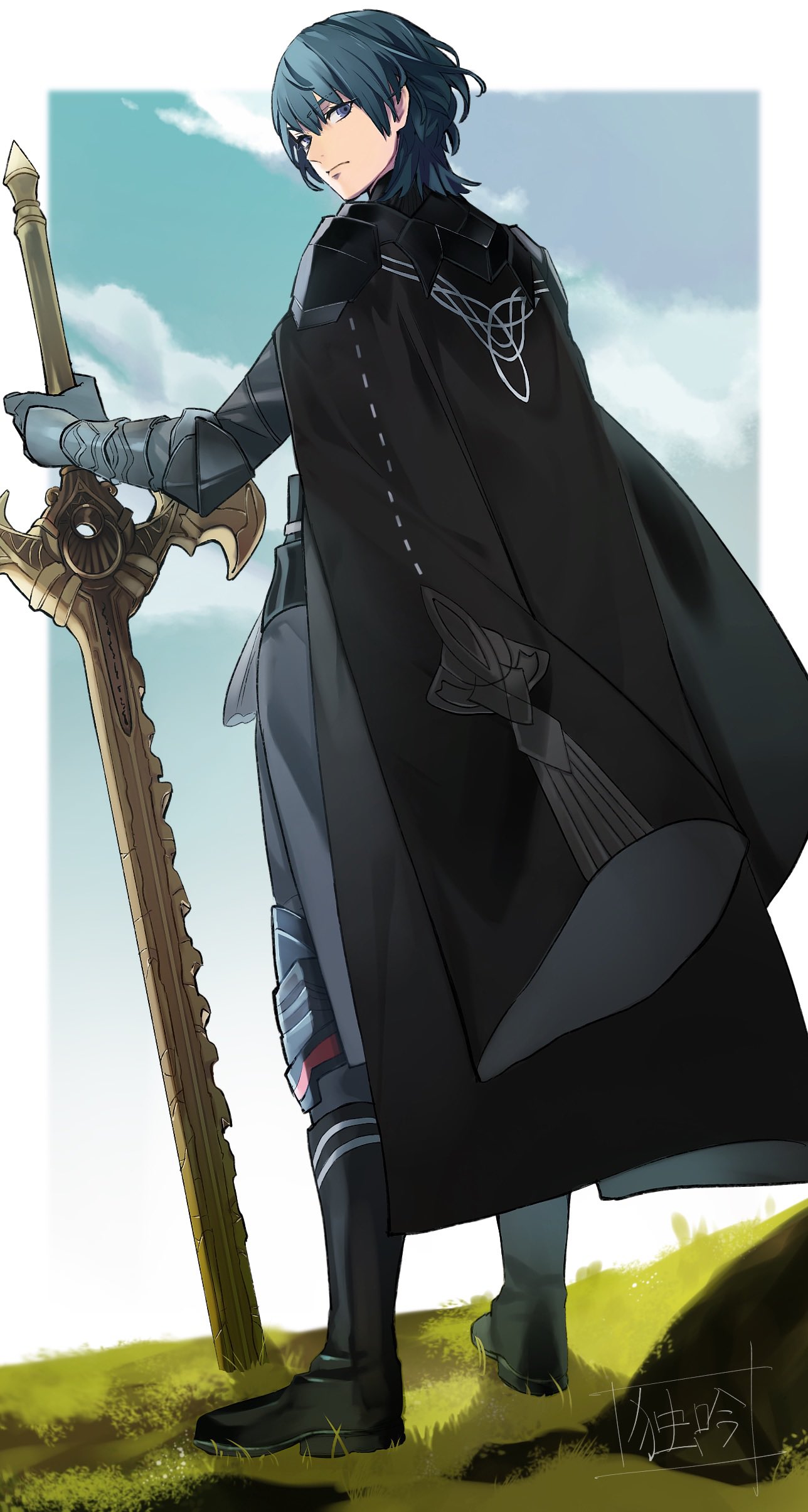 1boy, absurdres, armor, black_armor, black_cape, black_footwear, black_gloves, blue_hair