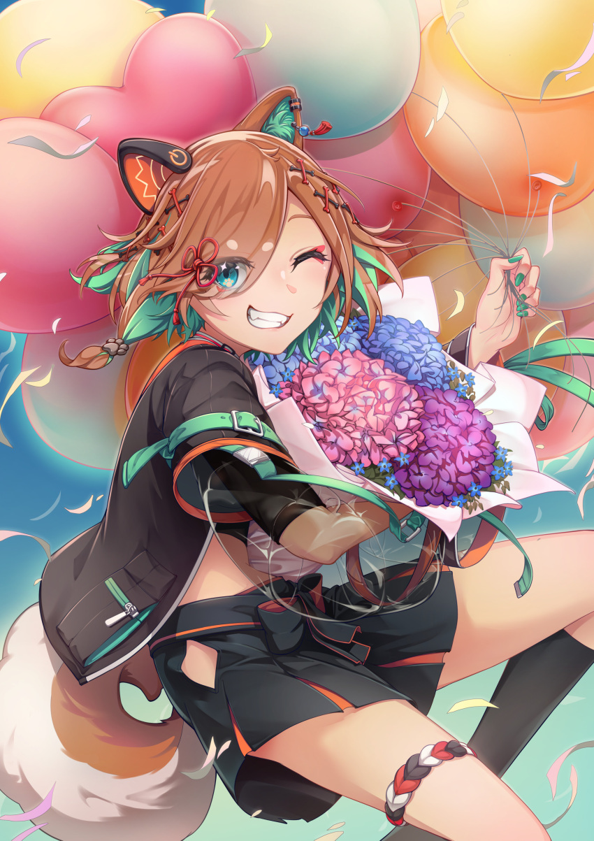 1girl, absurdres, animal_ears, aqua_eyes, aqua_hair, aqua_nails, balloon, bangs