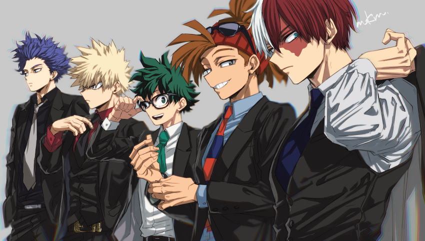 5boys, bakugou_katsuki, black_jacket, black_necktie, blue_eyes, blue_shirt, boku_no_hero_academia, burn_scar, collared_shirt, eyewear_on_head, freckles, glasses, green_hair, green_necktie, grey_background, grey_necktie, grin, highres, jacket, looking_at_viewer, male_focus, midoriya_izuku, mkm_(mkm_storage), multicolored_hair, multiple_boys, necktie, purple_hair, red_shirt, redhead, rody_soul, scar, scar_on_face, shinsou_hitoshi, shirt, signature, smile, striped_necktie, todoroki_shouto, two-tone_hair, white_hair, white_shirt