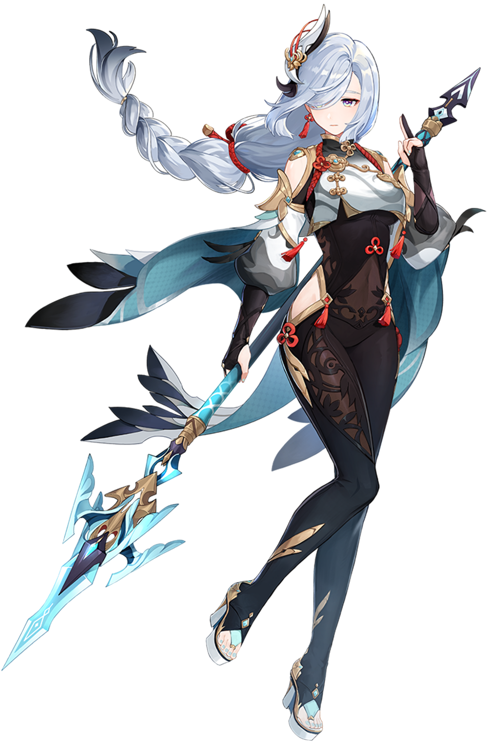 1girl, bangs, blue_eyes, braid, breast_curtain, calamity_queller_(genshin_impact), chinese_clothes, clothing_cutout, commentary_request, earrings, full_body, genshin_impact, gold_trim, gradient_eyes, hair_ornament, hair_over_one_eye, high_heels, highres, hip_vent, jewelry, long_hair, multicolored_eyes, official_art, polearm, polearm_behind_back, shenhe_(genshin_impact), shoulder_cutout, silver_hair, solo, tassel, toeless_footwear, translation_request, transparent_background, very_long_hair, violet_eyes, weapon, yellow_eyes
