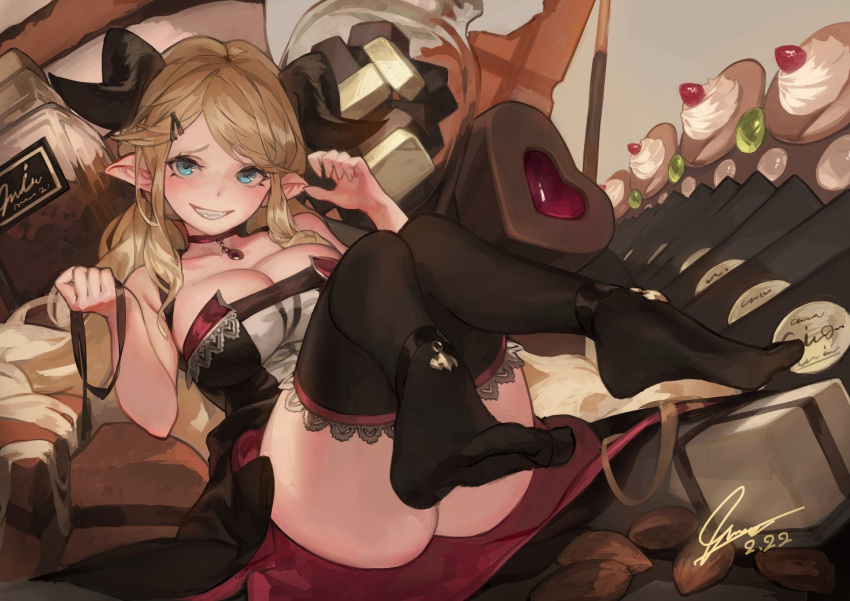 1girl, almond, blonde_hair, blue_eyes, breasts, chocolate, dated, draph