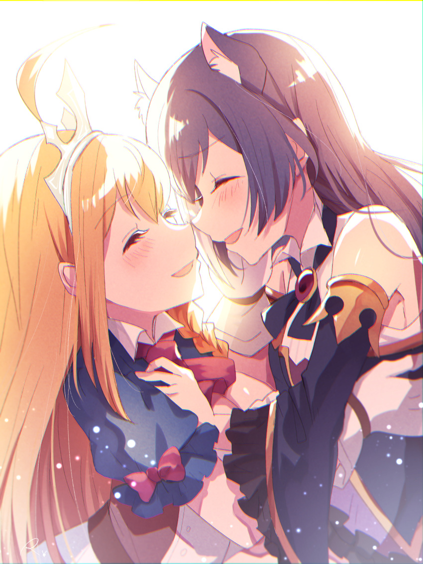 2girls, ^_^, absurdres, animal_ear_fluff, animal_ears, black_hair, blush, bow, cat_ears, cat_girl, closed_eyes, eyebrows_visible_through_hair, gloves, hair_behind_ear, highres, hug, karyl_(princess_connect!), multiple_girls, open_mouth, orange_hair, pecorine_(princess_connect!), princess_connect!, red_bow, rokico, smile, tiara, white_background, white_gloves, yuri
