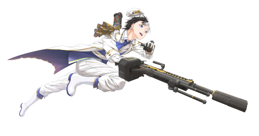 1boy, absurdres, apex_legends, ascot, black_hair, blue_ascot, boots, energy_gun