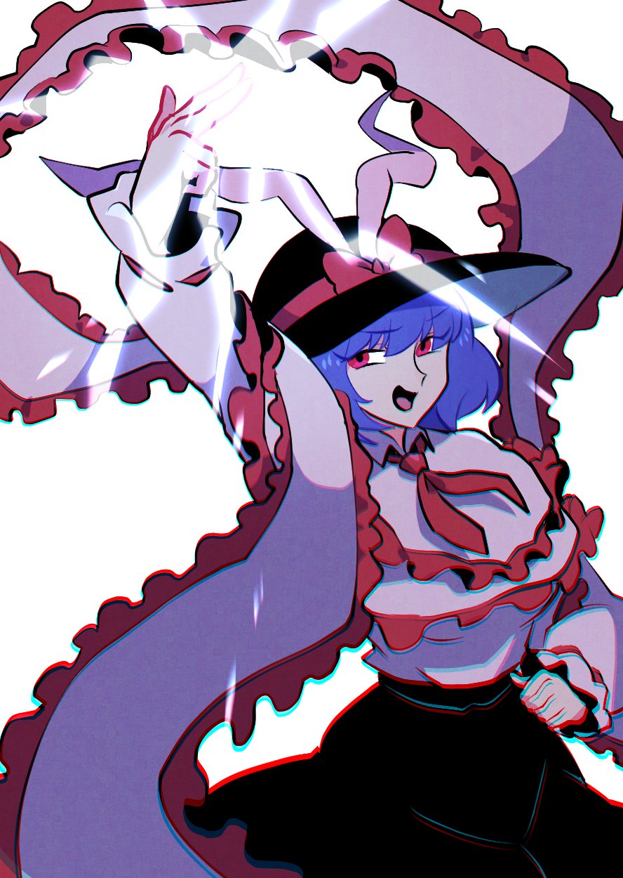 1girl, black_headwear, black_skirt, bow, capelet, commentary_request, electricity, frilled_capelet