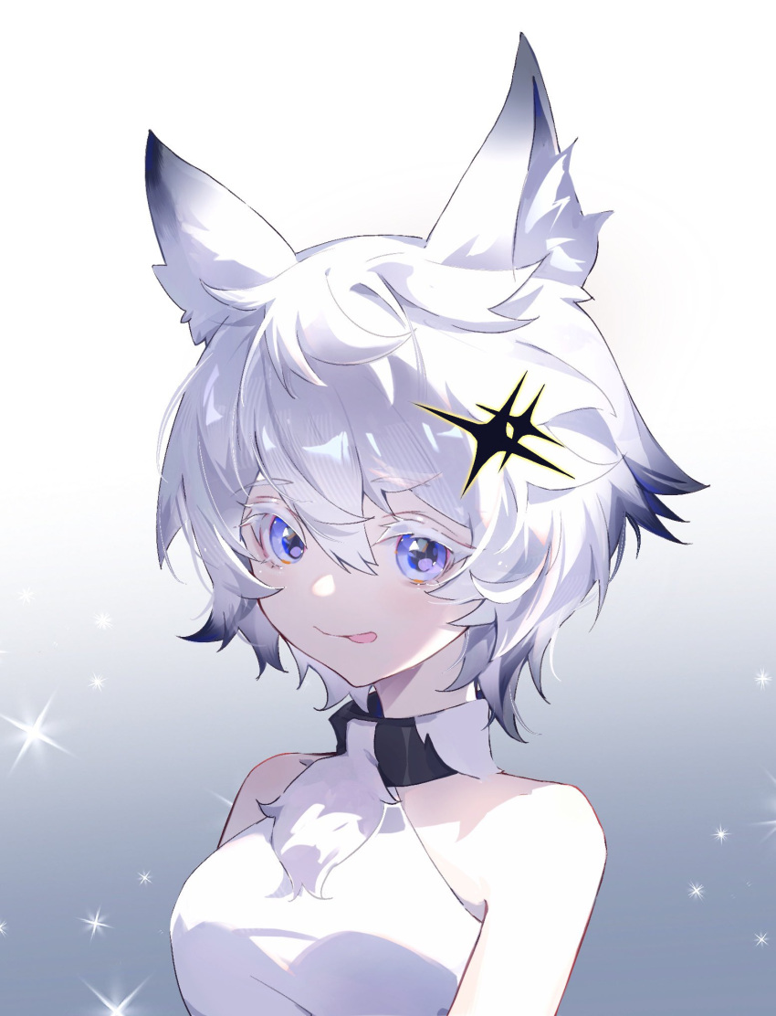 1girl, :p, alchemy_stars, animal_ear_fluff, animal_ears, bangs, bare_shoulders, blue_eyes