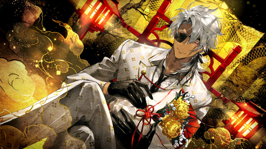 1boy, absurdres, alchemy_stars, bangs, bikkusama, black_gloves, black_necktie, bouquet
