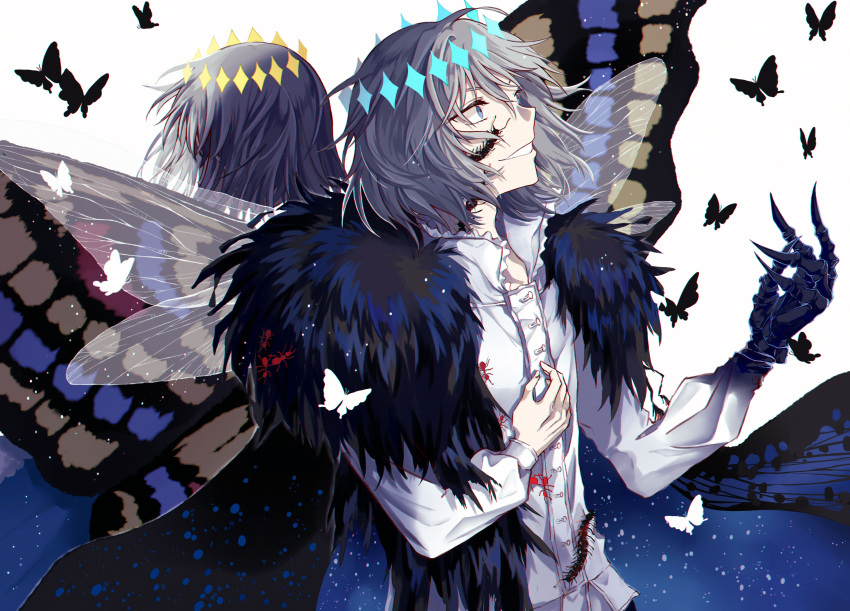 1boy, absurdres, arthropod_boy, bangs, blue_cape, blue_eyes, bug, butterfly, butterfly_wings, cape, crown, diamond_hairband, empty_(empty029), fate/grand_order, fate_(series), fur-trimmed_cape, fur_trim, highres, insect_wings, long_sleeves, medium_hair, oberon_(fate), shirt, short_hair, smile, solo, white_background, white_hair, white_shirt, wings