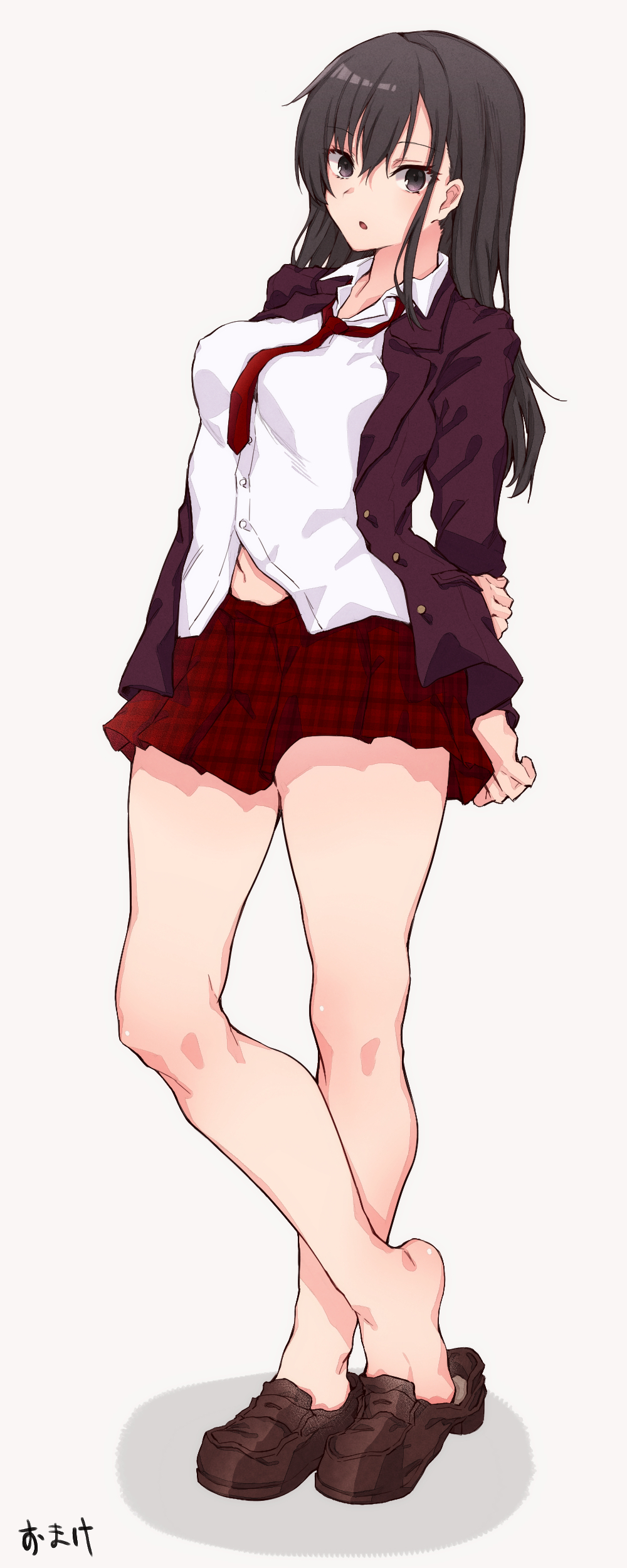 1girl, absurdres, arms_behind_back, bangs, bare_legs, batatata77, black_hair, breasts