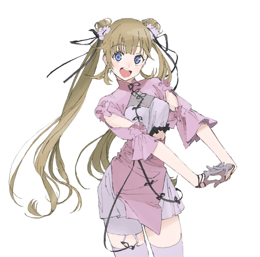 1girl, blonde_hair, blue_eyes, blush, breasts, cattleya_regina_games, dress, eyebrows_visible_through_hair, gloves, grey_gloves, grey_legwear, hair_behind_ear, hanabusa_lisa, highres, marugayotsu, medium_breasts, open_mouth, own_hands_together, pink_dress, smile, solo, thigh-highs, twintails, virtual_youtuber, vspo!