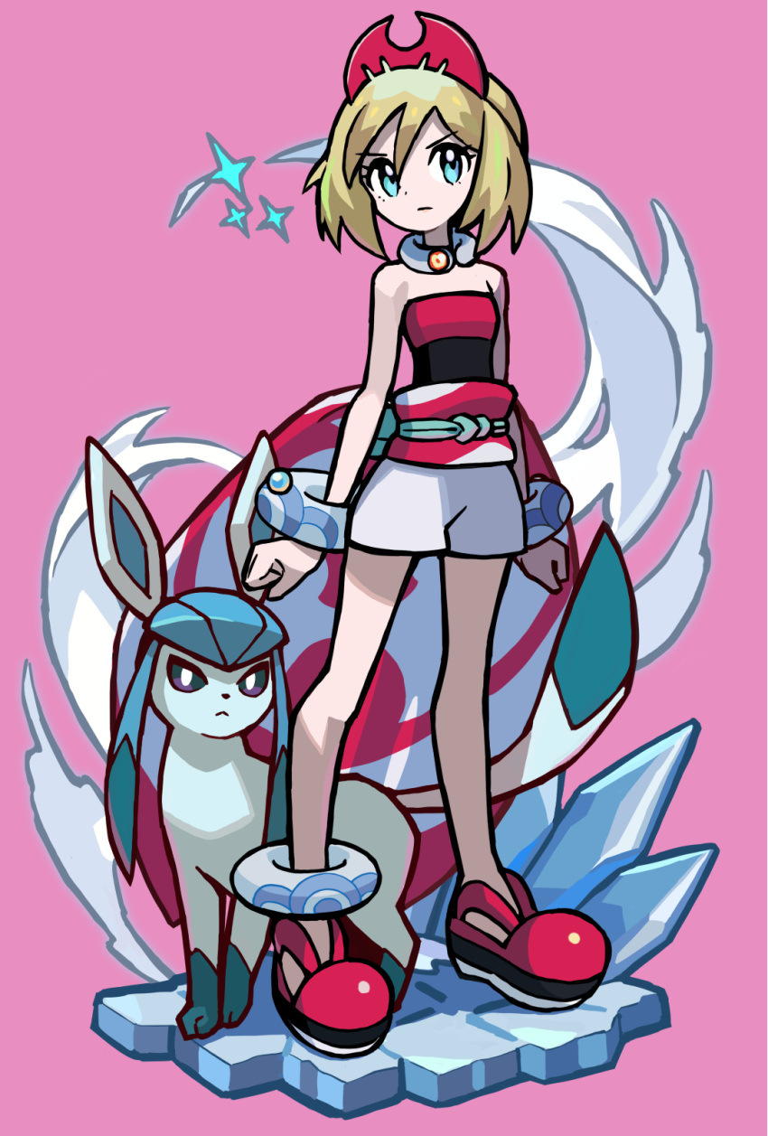 1girl, anklet, bangs, blonde_hair, blue_eyes, bracelet, closed_mouth, collar, commentary_request, eyelashes, full_body, glaceon, hair_between_eyes, hairband, highres, irida_(pokemon), jewelry, looking_at_viewer, medium_hair, pink_background, pokemon, pokemon_(creature), pokemon_(game), pokemon_legends:_arceus, red_footwear, red_hairband, red_shirt, sash, shirt, shoes, shorts, standing, strapless, strapless_shirt, white_shorts, yoyoyoyoyo_(turuse)