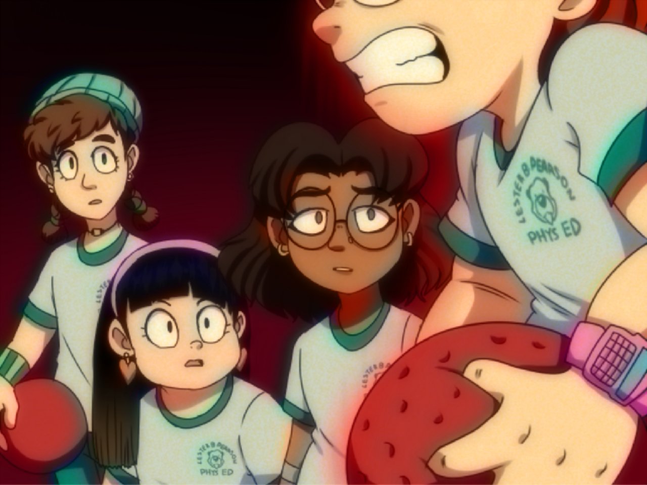 4girls, abby_(turning_red), angry, animification, aura, ball, beanie, black_hair