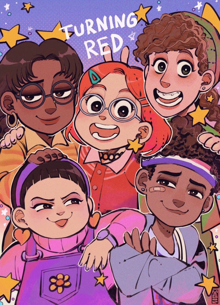 1boy, 4girls, :3, abby_(turning_red), bandaid, bandaid_on_face, beanie, braces