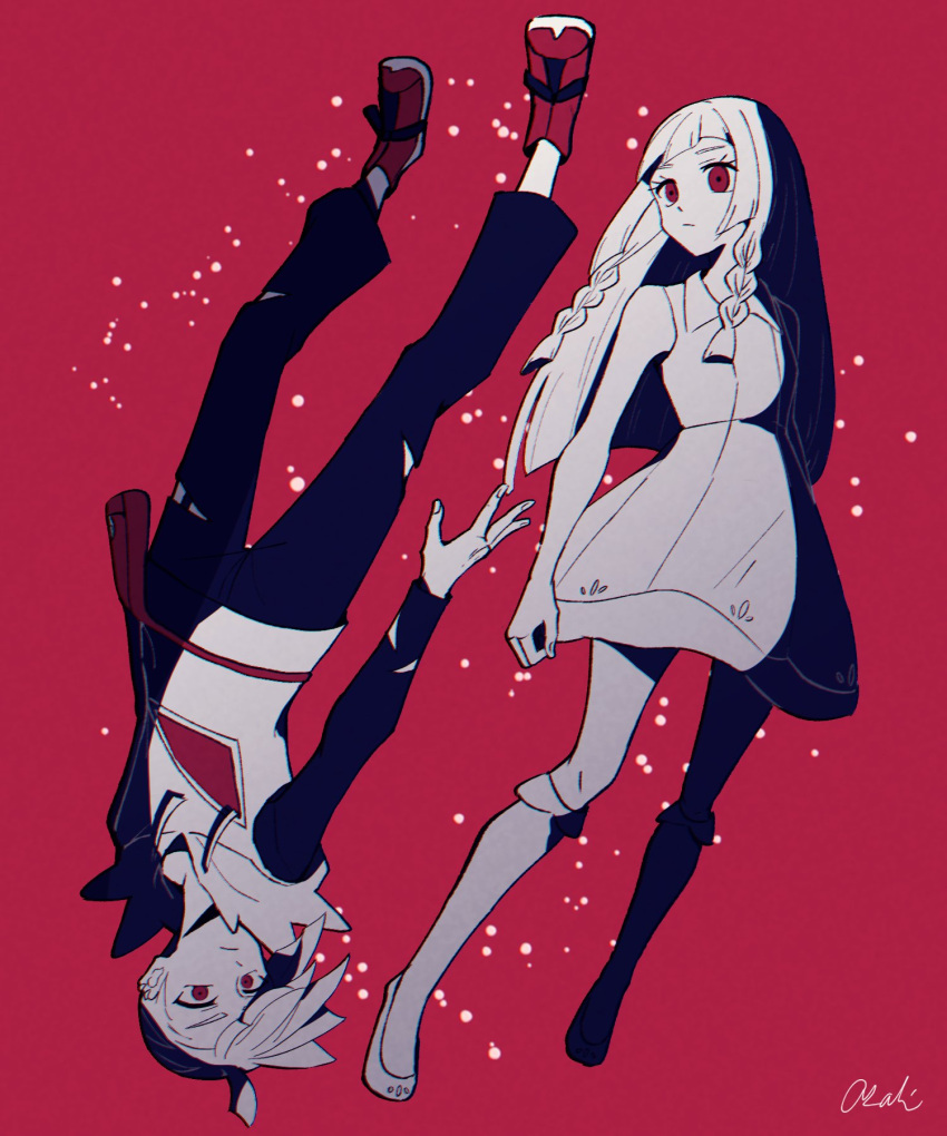 1boy, 1girl, bangs, bare_arms, braid, brother_and_sister, closed_mouth, collared_dress
