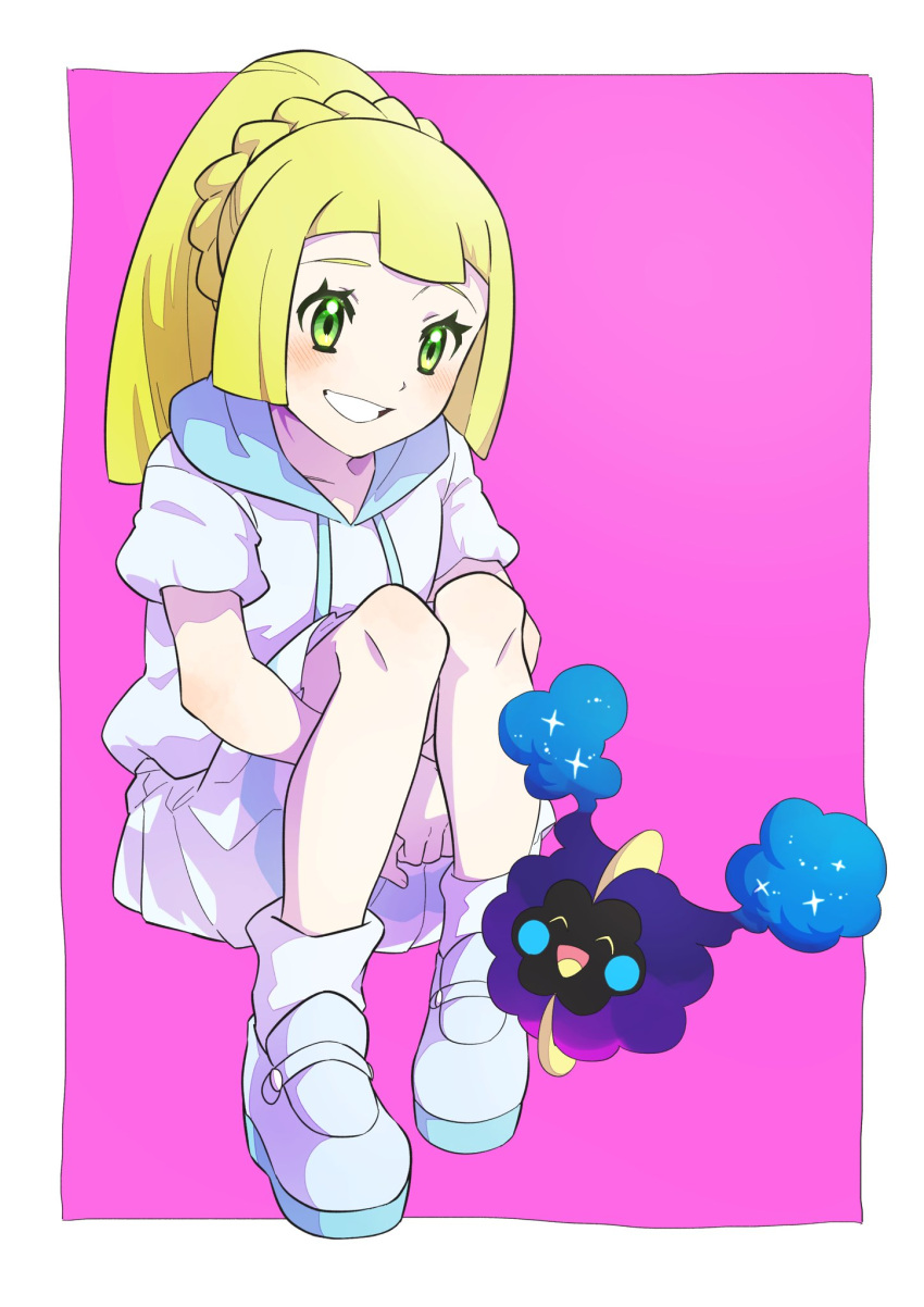 1girl, blonde_hair, blue_sailor_collar, blush, border, braid, commentary, cosmog, eyelashes, green_eyes, grin, high_ponytail, highres, knees, lillie_(pokemon), long_hair, pink_background, pkpokopoko3, pleated_skirt, pokemon, pokemon_(creature), pokemon_(game), pokemon_sm, sailor_collar, shirt, shoes, short_sleeves, skirt, smile, socks, teeth, white_border, white_footwear, white_legwear, white_shirt, white_skirt
