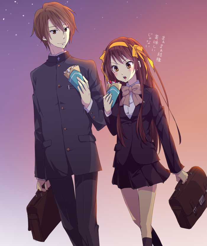 1boy, 1girl, alternate_costume, alternate_hair_length, alternate_hairstyle, bag, bangs, black_jacket