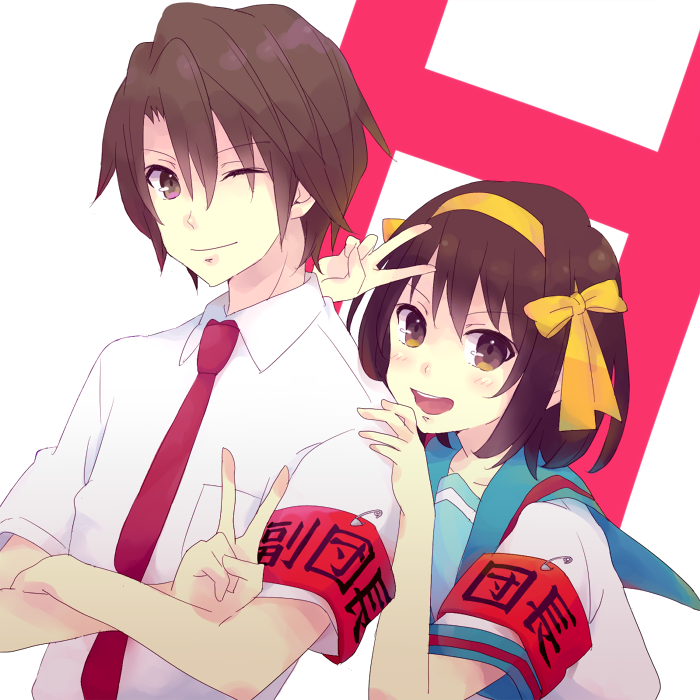 1boy, 1girl, :d, arm_up, armband, bangs, blue_sailor_collar, brown_eyes
