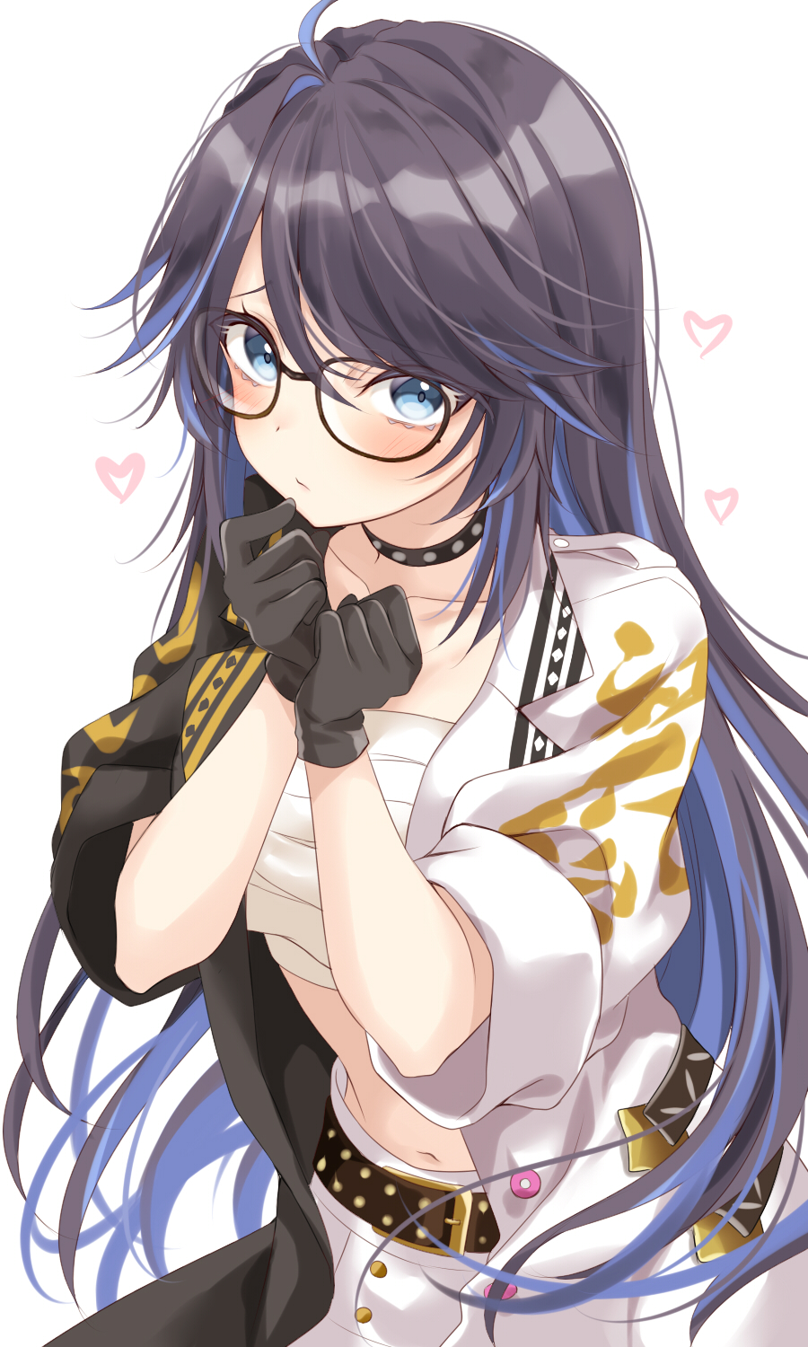 1girl, ahoge, bangs, black_choker, black_gloves, black_hair, blue_eyes, blue_hair, blush, breasts, chest_sarashi, choker, closed_mouth, colored_inner_hair, fingerless_gloves, gaston57064599, glasses, gloves, hands_up, heart, highres, indie_virtual_youtuber, jacket, kson, long_hair, looking_at_viewer, midriff, multicolored_hair, navel, open_clothes, open_jacket, own_hands_together, pants, sarashi, simple_background, solo, souchou, very_long_hair, white_background, white_pants
