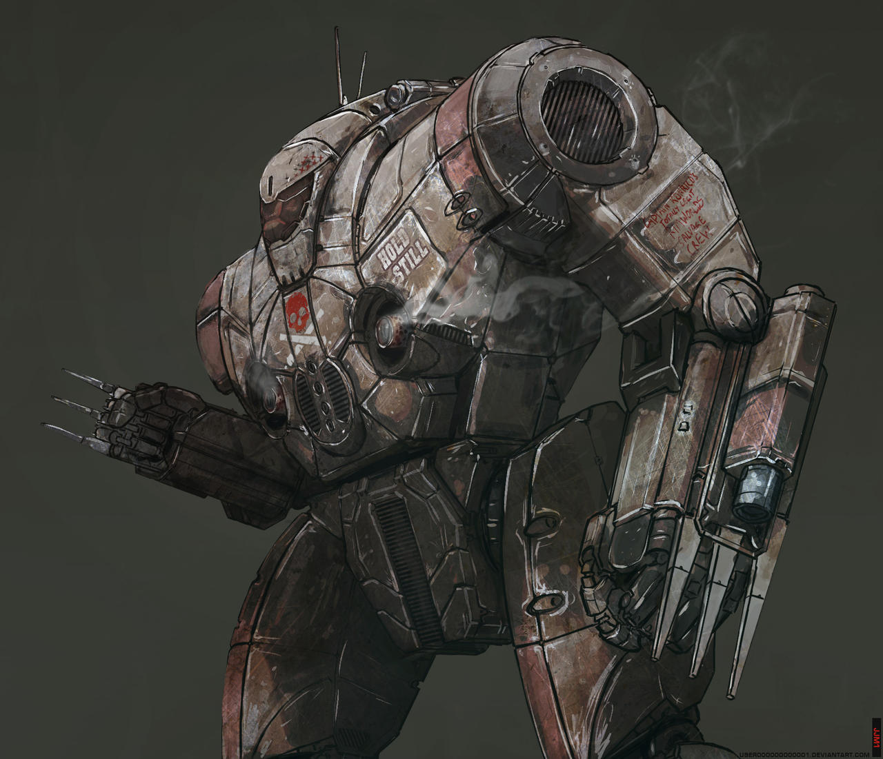 artist_name, battletech, cannon, claws, clenched_hands, commentary, english_text, grey_background, mecha, melee, old, pillager, realistic, scratches, skull_print, smoke, user000000000001, watermark, web_address