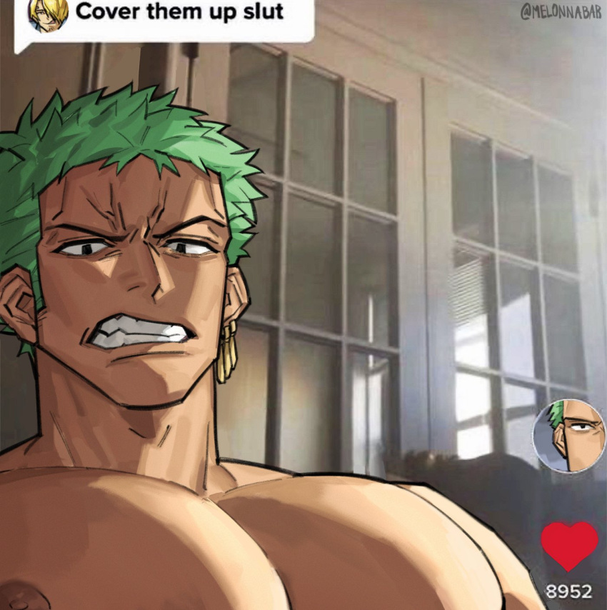2boys, artist_name, cover_them_up_slut_(meme), green_hair, highres, melonnabar, meme, one_piece