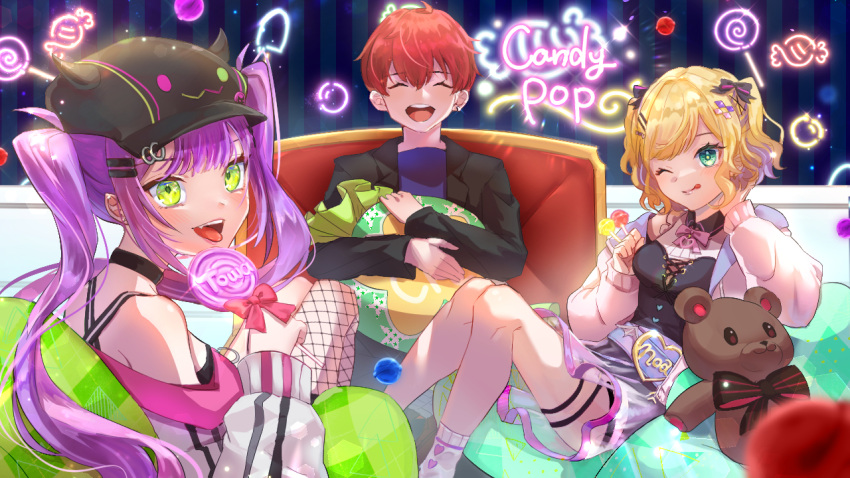 1boy, 2girls, ^_^, bibi_(tokoyami_towa), black_bow, black_jacket, black_shirt, blonde_hair