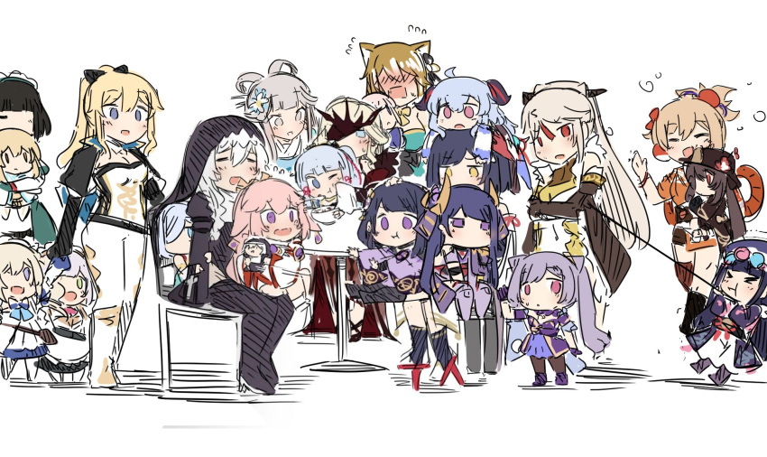 6+girls, ahoge, animal_ears, barbara_(genshin_impact), black_hair, black_legwear, blonde_hair, blue_eyes