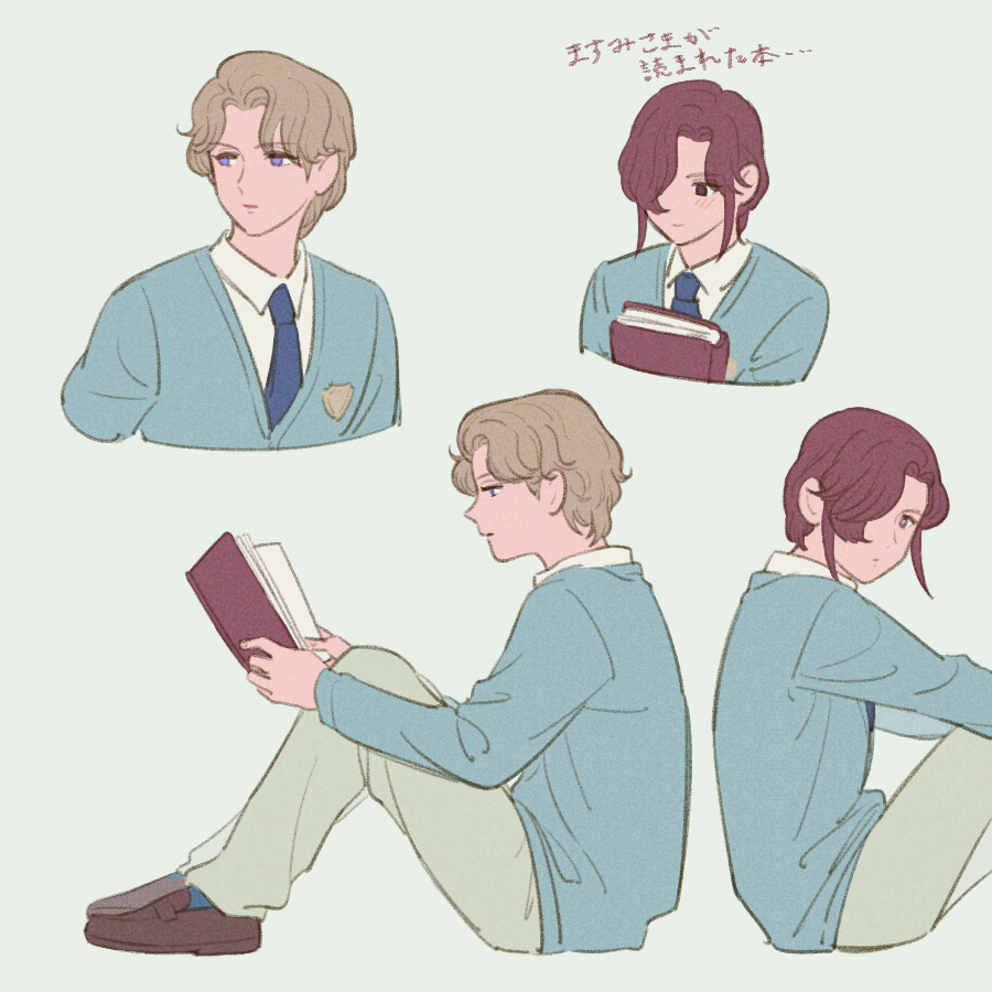 2boys, back-to-back, bangs, blonde_hair, blue_necktie, blue_sweater, book, brown_footwear, collared_shirt, cropped_torso, glass_no_kamen, hair_over_one_eye, hayami_masumi, hijiri_karato, holding, holding_book, knees_up, loafers, long_sleeves, looking_at_viewer, looking_away, multiple_boys, multiple_views, necktie, one_eye_covered, open_book, outstretched_arms, pants, profile, reading, redhead, shirokuma224, shirt, shoes, short_hair, sidelocks, simple_background, sitting, sweater, white_shirt