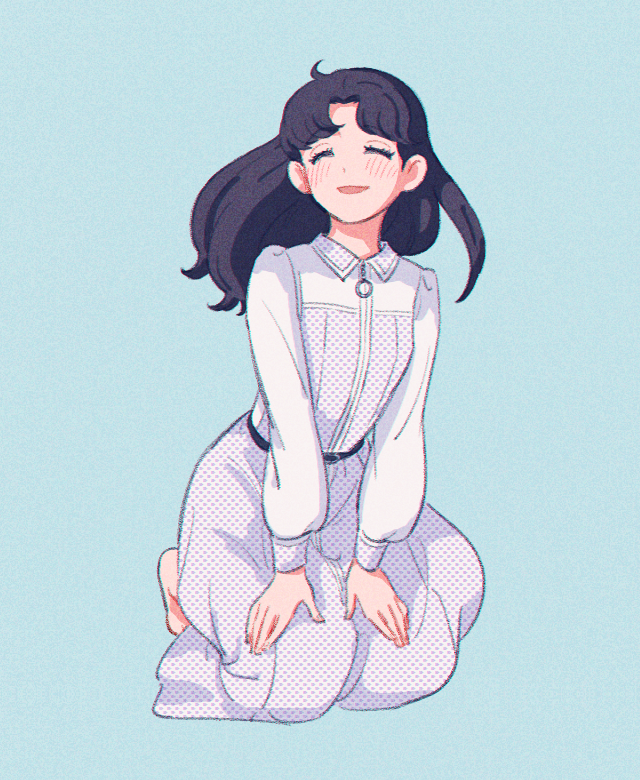 1girl, ^_^, ahoge, arm_support, bangs, barefoot, belt, black_hair