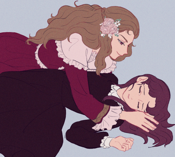 2girls, bangs, black_dress, blue_background, brown_hair, capelet, closed_eyes, cowboy_shot