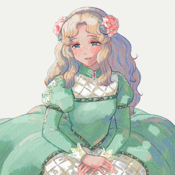 1girl, bangs, blonde_hair, blush, breasts, brooch, cowboy_shot, dress