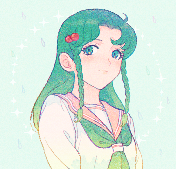 1girl, bangs, braid, from_below, from_side, glass_no_kamen, green_background, green_eyes