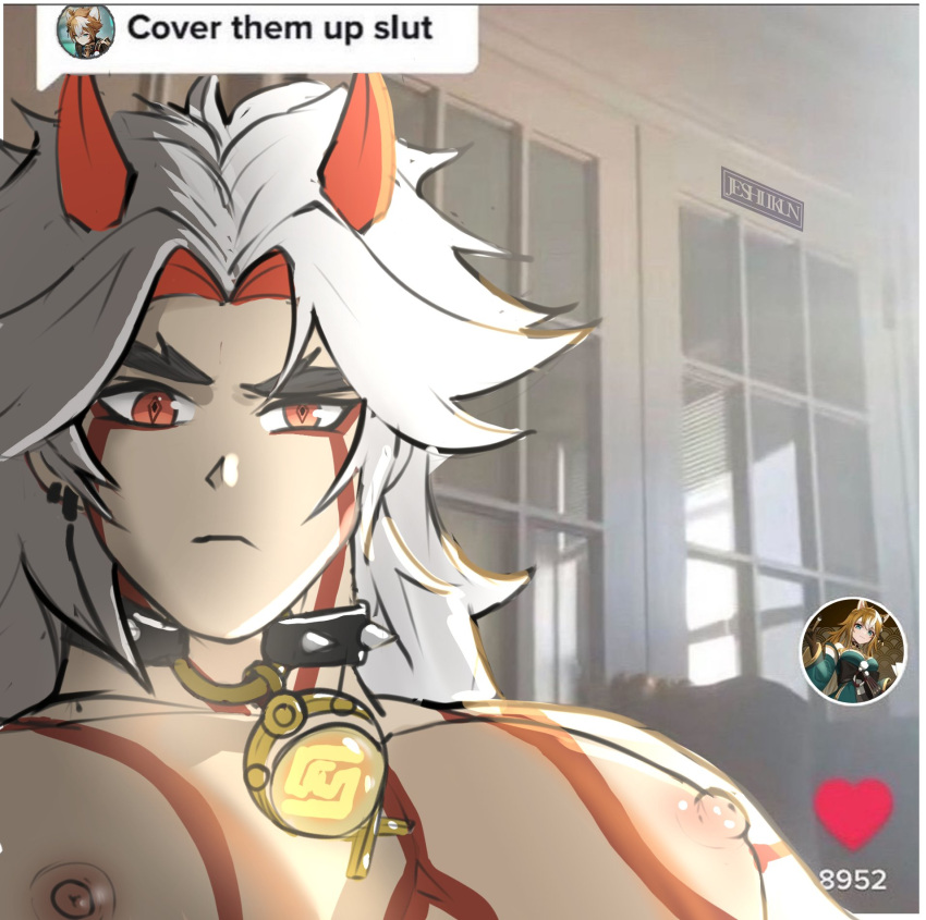 1boy, 2boys, alternate_pectoral_size, animal_ears, arataki_itto, bara, cover_them_up_slut_(meme), dog_boy, dog_ears, dog_girl, forked_eyebrows, genshin_impact, gorou_(genshin_impact), highres, hina_(genshin_impact), horns, indoors, jeshiikun, large_pectorals, looking_at_viewer, male_focus, meme, muscular, muscular_male, nipples, nude, pectoral_focus, pectorals, short_hair, solo, upper_body