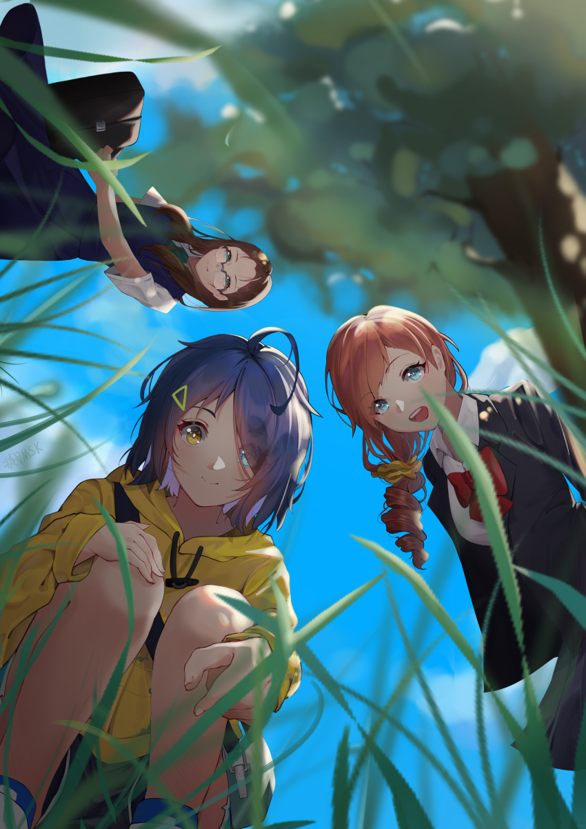 3girls, absurdres, ahoge, akiba(misaki), blue_hair, clouds, from_below, glasses