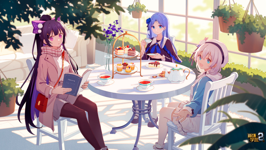 3girls, :d, bangs, benghuai_xueyuan, beret, black_shirt, blue_eyes, blue_hair