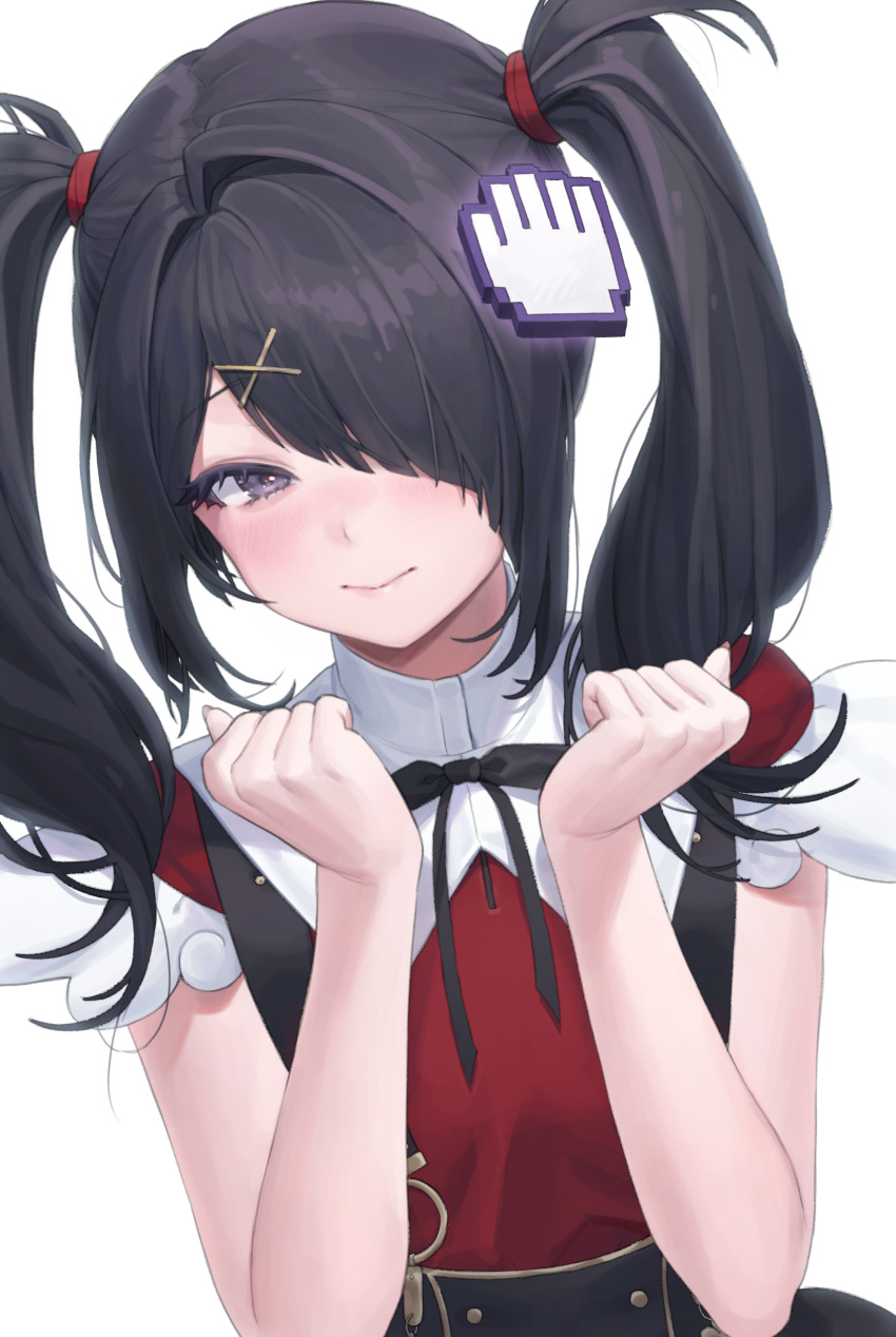 1girl, absurdres, ame-chan_(needy_girl_overdose), asymmetrical_bangs, bangs, bare_arms, black_eyes, black_hair, clenched_hands, commentary, cursor, hair_ornament, hair_over_one_eye, hairclip, headpat, highres, long_hair, looking_at_viewer, needy_girl_overdose, one_eye_covered, p00nipooni, simple_background, smile, solo, symbol-only_commentary, twintails, upper_body, white_background, x_hair_ornament