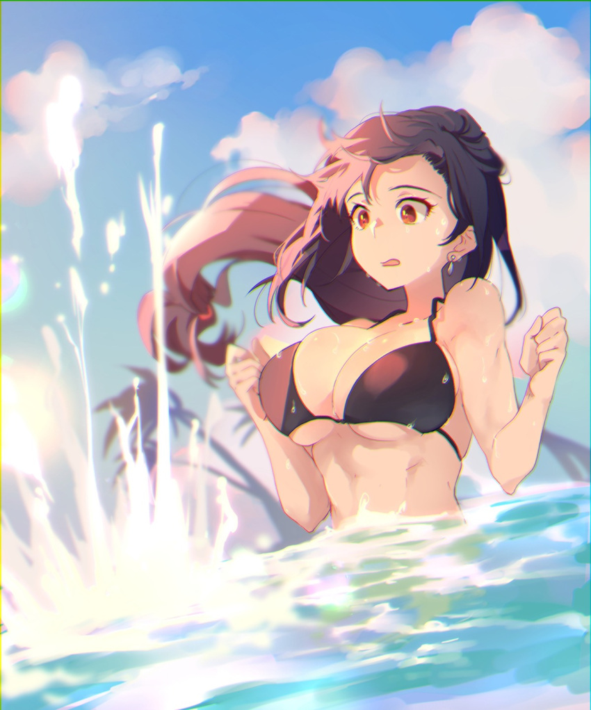 1girl, bikini, bikini_top, black_bikini_top, black_hair, clouds, day, ear_piercing