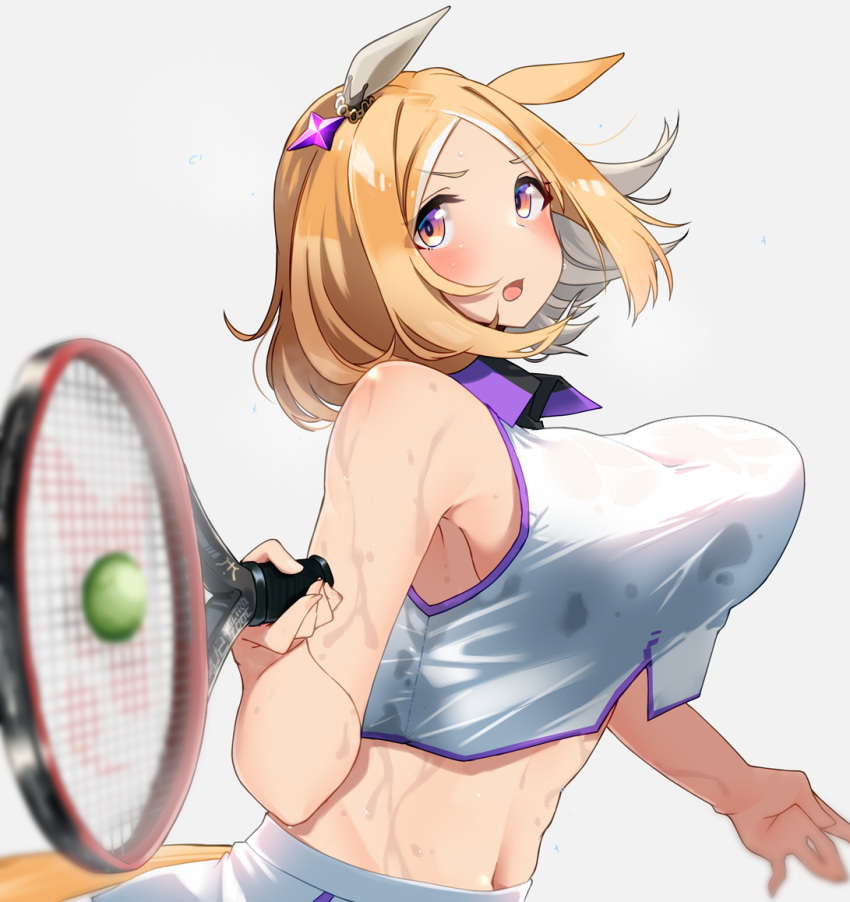 1girl, animal_ears, ball, bangs, bare_shoulders, blonde_hair, blurry, blush