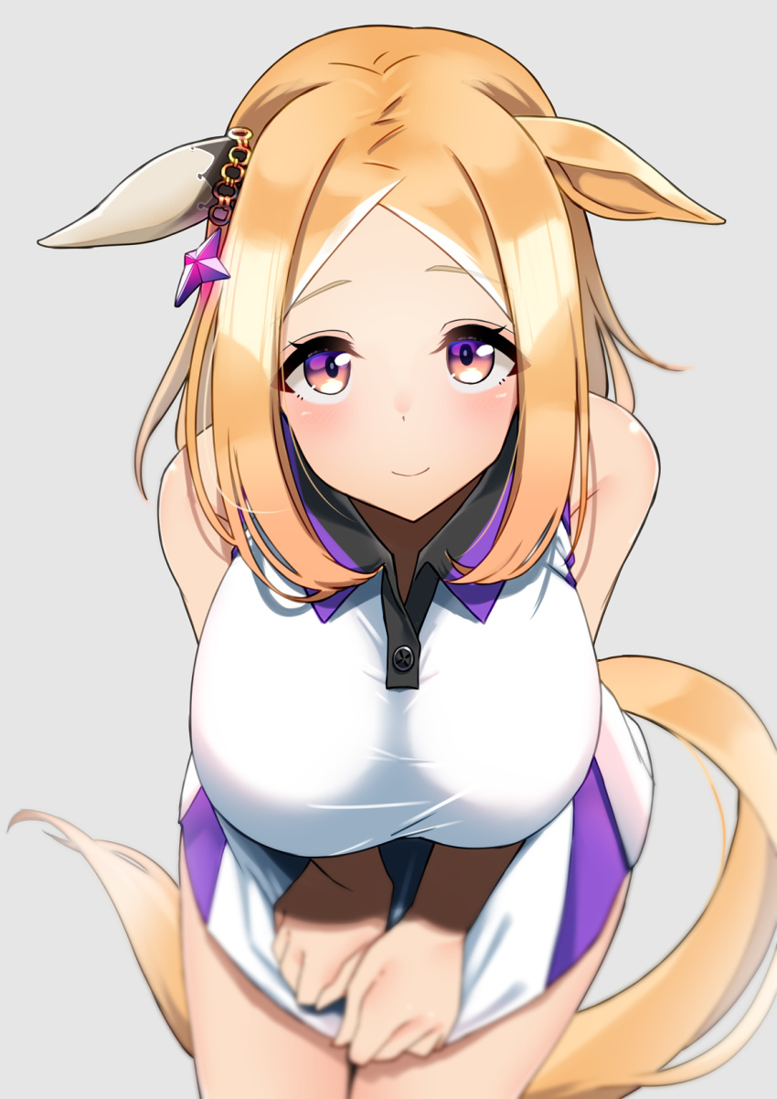 1girl, animal_ears, bangs, blonde_hair, blurry, blush, breasts, closed_mouth