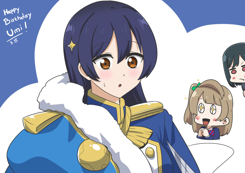 +_+, 3girls, bangs, birthday, blue_hair, brown_eyes, character_name, commentary, cosplay, dark_green_hair, dated, english_text, eyebrows_visible_through_hair, fang, hair_ornament, happy_birthday, highres, kagura_hikari, kagura_hikari_(cosplay), light_brown_hair, long_hair, love_live!, love_live!_nijigasaki_high_school_idol_club, love_live!_school_idol_project, mifune_shioriko, mimori_suzuko, minami_kotori, multiple_girls, one_side_up, otonokizaka_school_uniform, red_eyes, school_uniform, short_hair, shoujo_kageki_revue_starlight, sonoda_umi, star_(symbol), star_hair_ornament, upper_body, van_springfield, voice_actor_connection