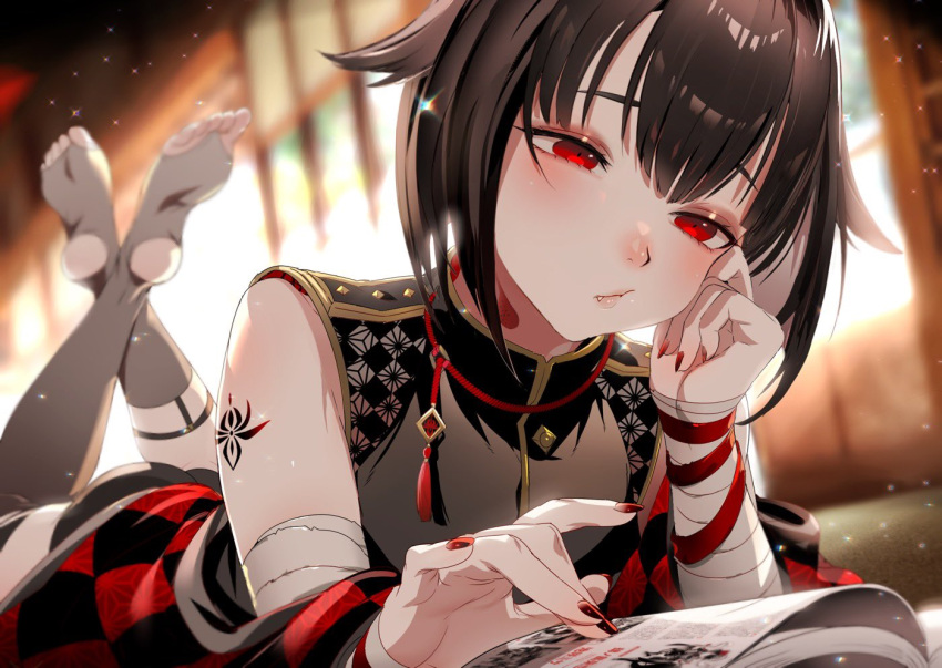 1boy, bandages, bandaid, black_hair, black_legwear, book, fang, hair_between_eyes, ikezaki_misa, indie_virtual_youtuber, japanese_clothes, legs_up, lying, nail_polish, official_art, reading, red_eyes, shinoshima_raise, short_hair, sleeveless, solo, virtual_youtuber