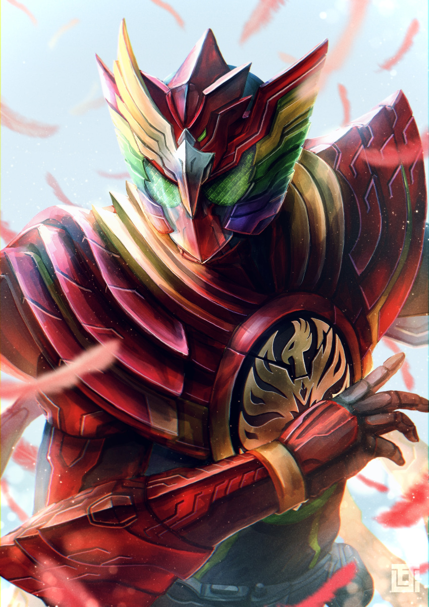 1boy, absurdres, armor, artist_logo, blue_background, blue_sky, english_commentary, feathers
