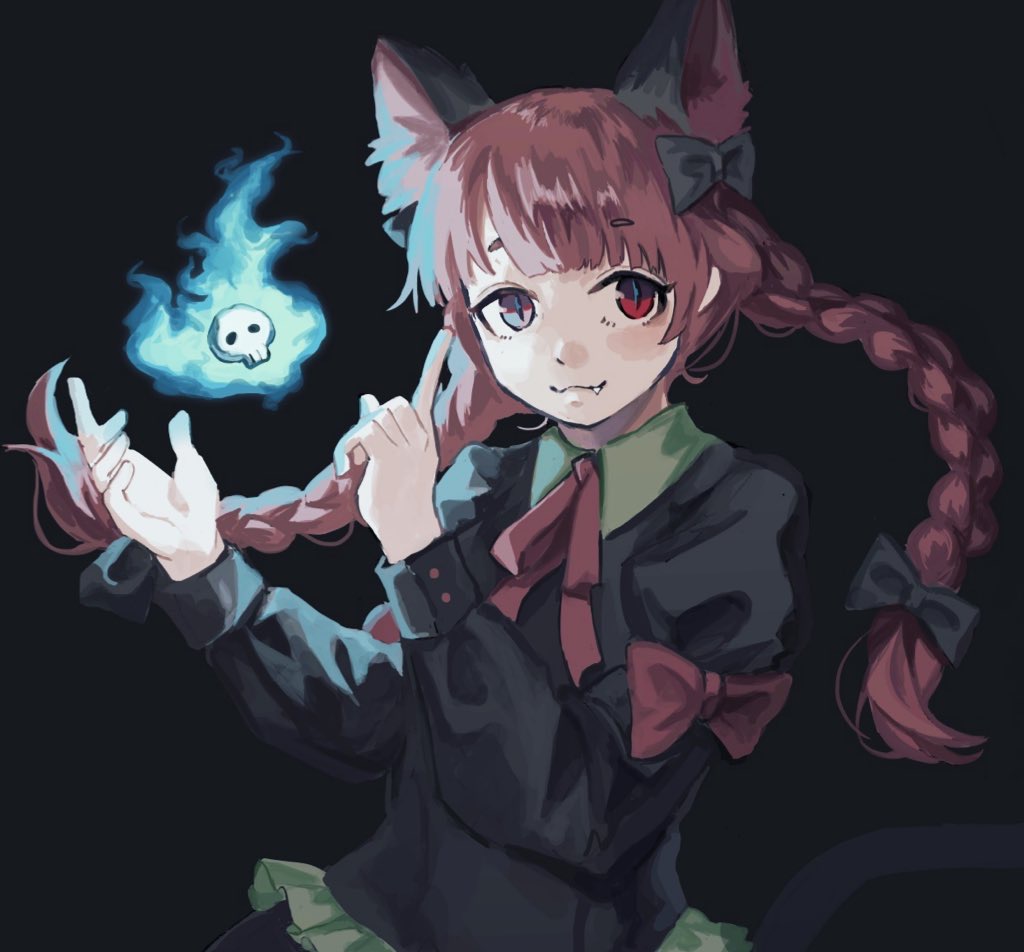 1girl, :3, animal_ear_fluff, animal_ears, bangs, black_bow, black_dress, blue_fire