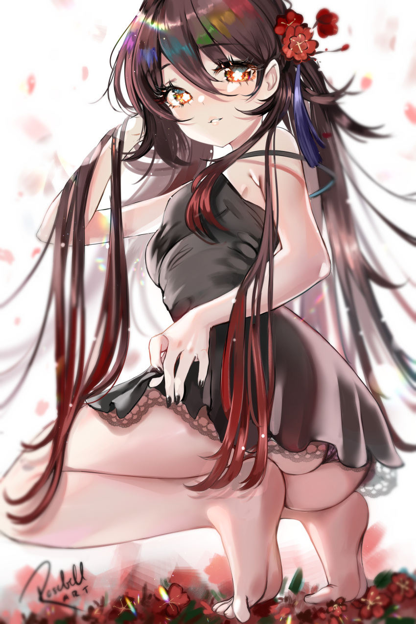 1girl, ass, bare_shoulders, barefoot, black_dress, black_nails, brown_hair, dress