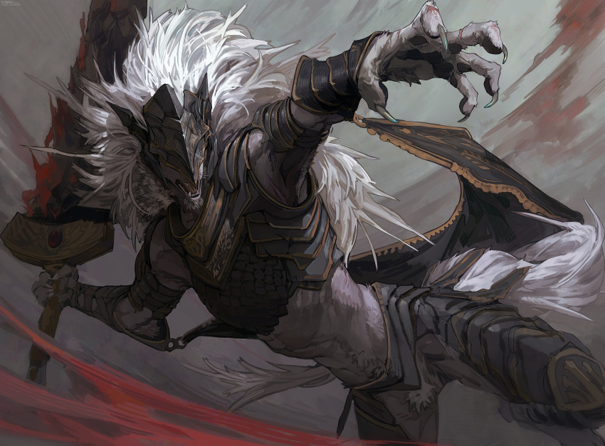 1boy, absurdres, armor, attack, breastplate, cape, claws, elden_ring