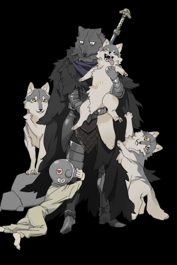 2boys, animal, armor, black_background, blaidd_the_half-wolf, boots, cape, closed_mouth, elden_ring, furry, furry_male, gauntlets, heart, heart_eyes, holding, holding_animal, hugging_another's_leg, jitome, male_focus, multiple_boys, o3o, prisoner_iron_mask_(elden_ring), rags, simple_background, tarnished_(elden_ring), weapon, weapon_on_back, wolf, yoshi_kaoru