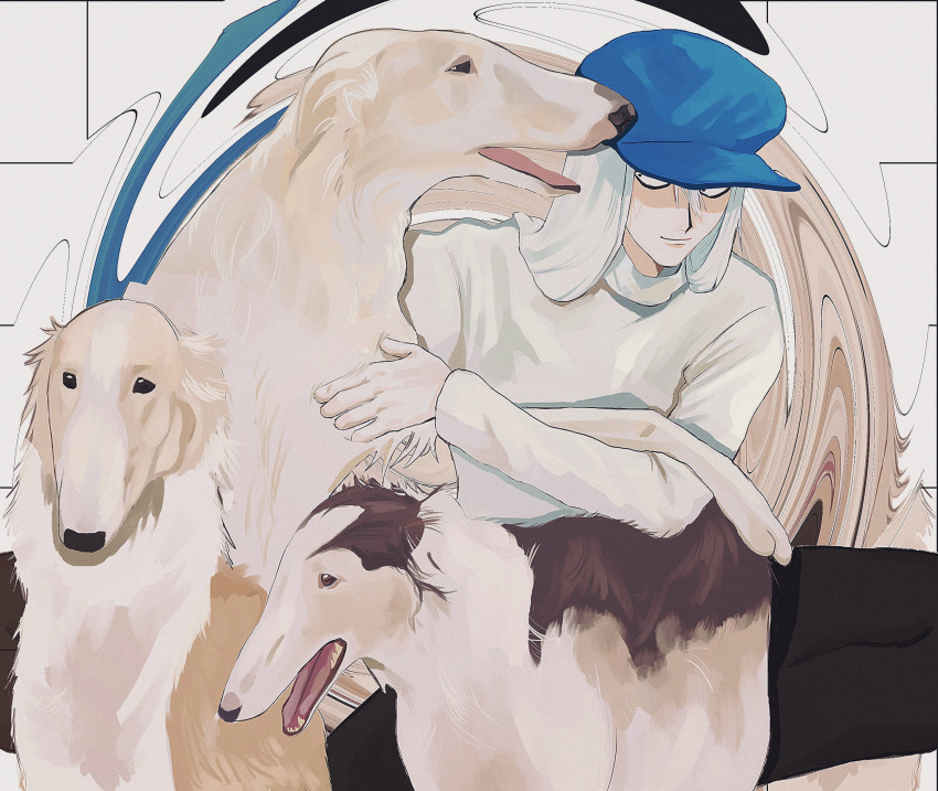 1boy, dog, hat, highres, hunter_x_hunter, kite_(hunter_x_hunter), long_hair, long_sleeves