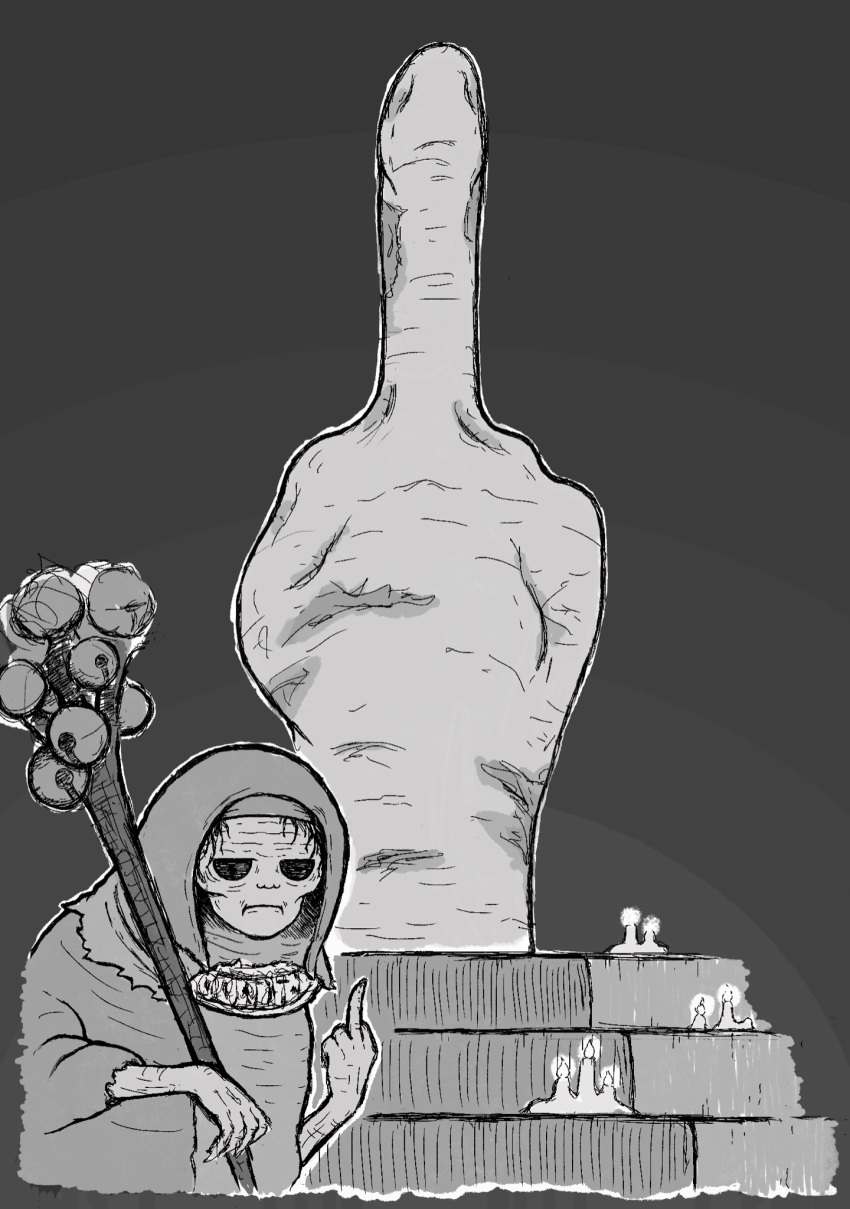 1girl, bell, candle, elden_ring, finger_reader_enia, frown, greyscale, highres